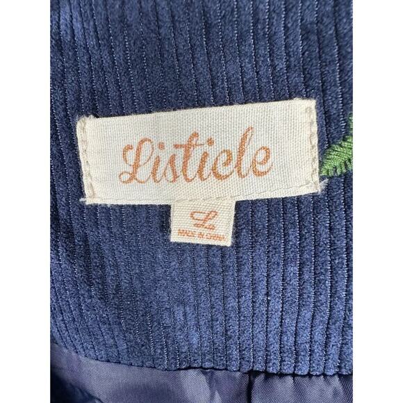 Listicle Floral Embroidered Corduroy Blazer Navy Blue L Boho Cottagecore preppy - Picture 3 of 7